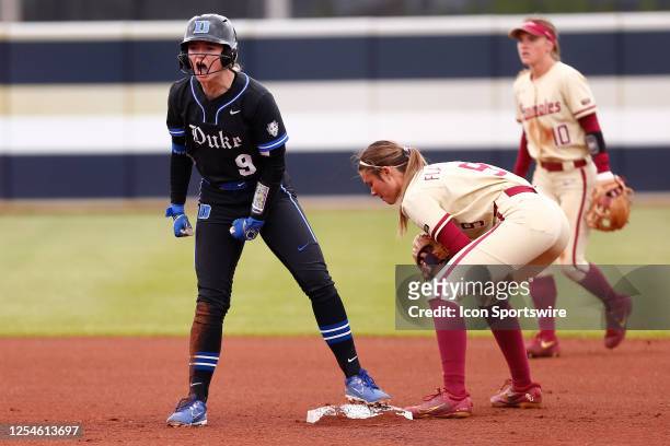 Duke Blue Devils Kamryn Jackson reacts after connecting for a double during the ACC Tournament Championship between the Duke Blue Devils and the...