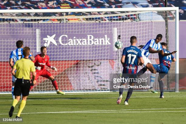 Alexander Isak of Real Sociedad scores his team's first goal during the Liga match between Levante UD and Real Sociedad at Estadi Olimpic Camilo Cano...