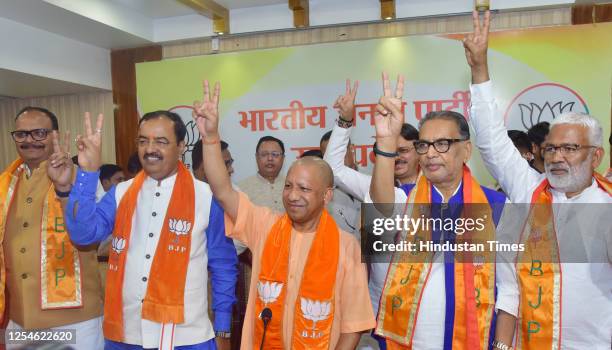 Uttar Pradesh Chief Minister Yogi Adityanath along with Deputy CM Keshav Prasad Maurya and others addressed press conference at BJP party office...