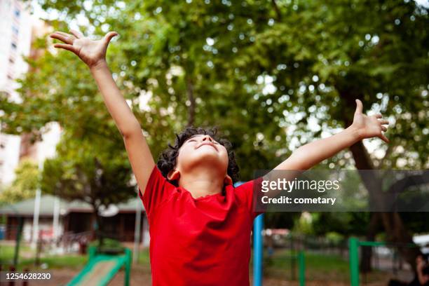 little boy opening his arms in the park - child boy arms out stock pictures, royalty-free photos & images