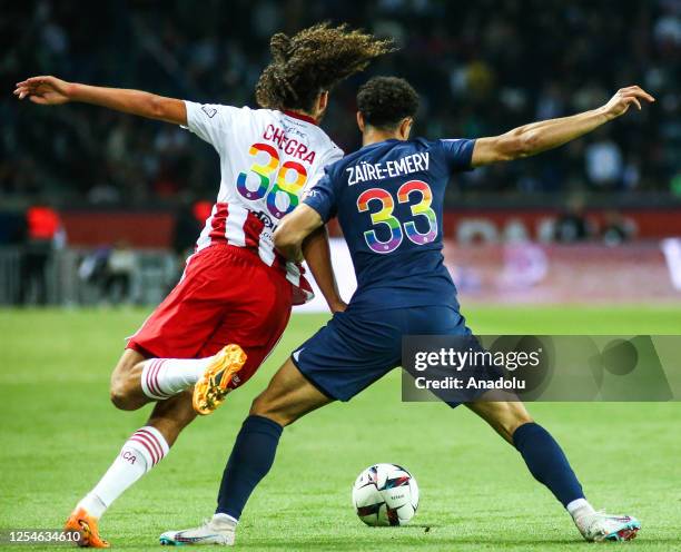 Warren Zaire-Emery of Paris Saint-Germain in action during the French Ligue 1 soccer match between Paris Saint-Germain and AC Ajaccio at Parc des...