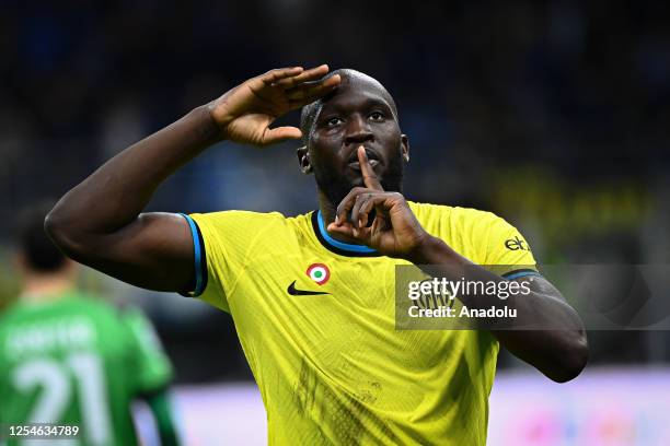 Romelu Lukaku of FC Internazionale celebrates after scoring a goal during the Italian Serie A football match FC Internazionale vs Sassuolo at San...