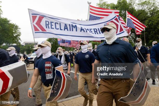 Members of the far-right group Patriot Front are seen marching through Washington, DC on May 13th, 2023.