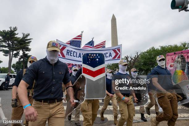 Members of the far-right group Patriot Front are seen marching through Washington, DC on May 13th, 2023.