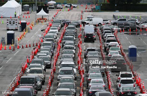 Cars are seen as the drivers wait to be tested for COVID-19 at the COVID test site located in the Hard Rock Stadium parking lot on July 06, 2020 in...