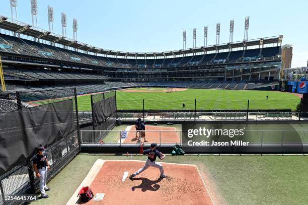 Pitcher Logan Allen of the Cleveland Indians throws in the bullpen during summer workouts at Progressive Field on July 06, 2020 in Cleveland, Ohio.