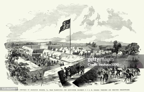 vintage digging trenches and erecting breastworks at camp corcoran on arlington heights, virginia civil war engraving - regiment stock illustrations