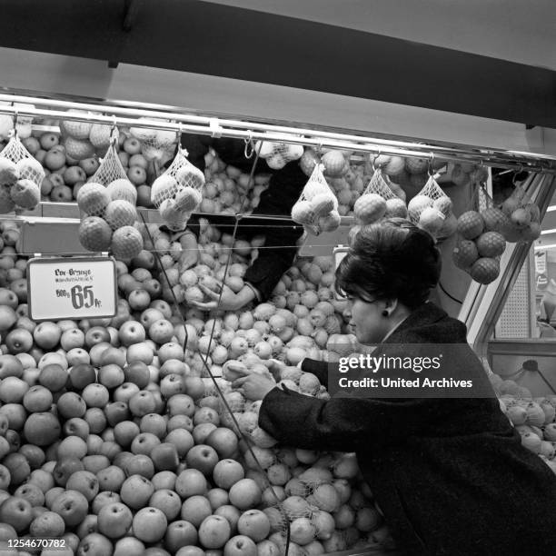 Ein Kundin sucht sich Zitronen in der Obstabteilung in einem Supermarkt in Hamburg, Deutschland Anfang 1960er Jahre.