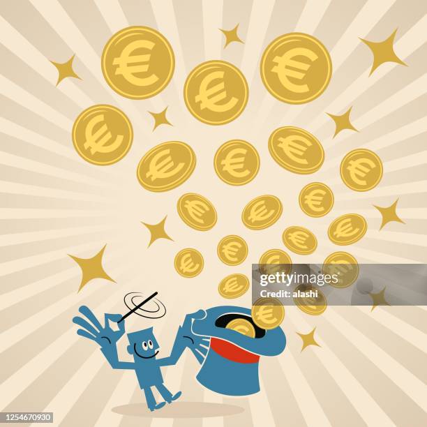 stockillustraties, clipart, cartoons en iconen met zakenman die de toverstaf zwaait en dan overvloed van geld (euro teken de munt van de europese unie) die uit de magische hoed vliegt - crowdfunding concept