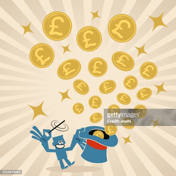 stockillustraties, clipart, cartoons en iconen met zakenman die de toverstaf zwaait en dan overvloed van geld (euro teken de munt van de europese unie) die uit de magische hoed vliegt - digitale portemonnee
