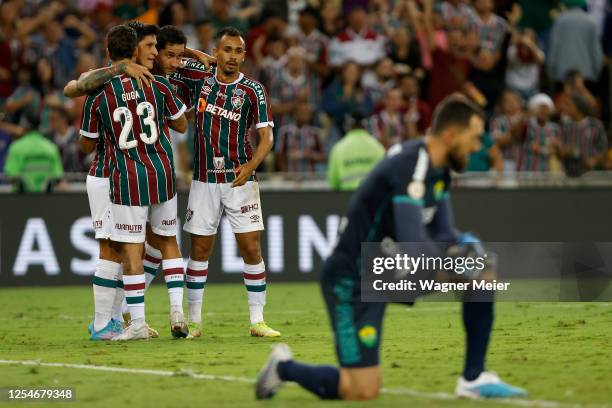 Paulo Henrique Ganso of Fluminense celebrates with Lima of Fluminense after scoring the second goal of his team during a match between Fluminense and...