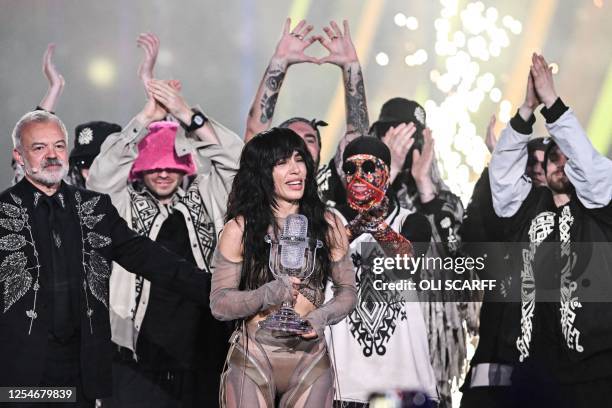Singer Loreen performing on behalf of Sweden celebrates with the trophy after winning the final of the Eurovision Song contest 2023 on May 13, 2023...