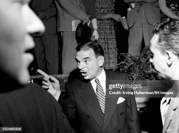 American lawyer, prosecutor, politician and Republican candidate Thomas E. Dewey talks to supporters during the 1948 Republican National Convention...