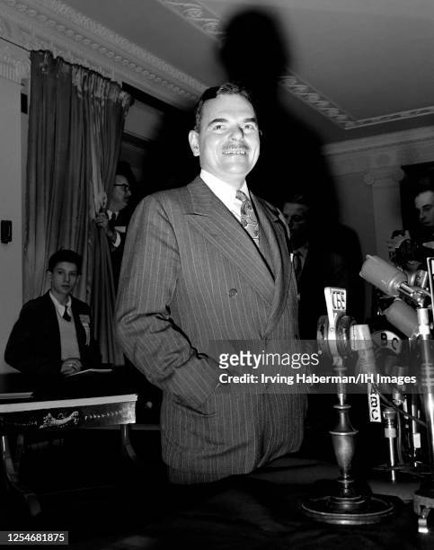 American lawyer, prosecutor, politician and Republican candidate Thomas E. Dewey talks to the media after his acceptance speech for the Republican...