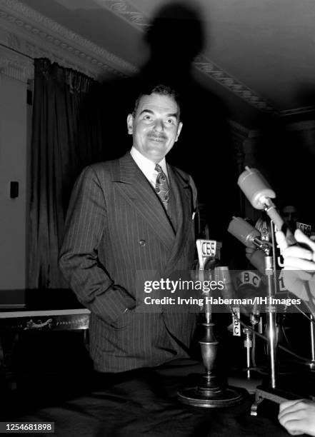 American lawyer, prosecutor, politician and Republican candidate Thomas E. Dewey talks to the media after his acceptance speech for the Republican...