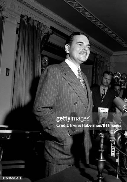 American lawyer, prosecutor, politician and Republican candidate Thomas E. Dewey talks to the media after his acceptance speech for the Republican...