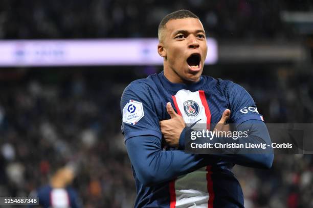 Kylian Mbappé celebrate of Paris Saint-Germain in action during the French Ligue 1 soccer match between Paris Saint-Germain and AC Ajaccio at Parc...