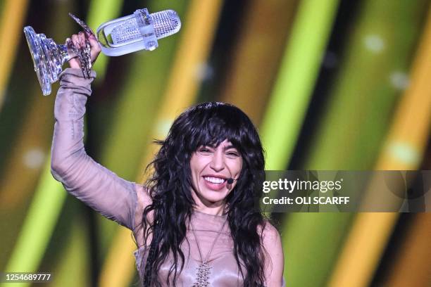 Singer Loreen performing on behalf of Sweden celebrates with the trophy after winning the final of the Eurovision Song contest 2023 on May 14, 2023...