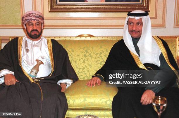 Omani Defense Minister Sayed Badr ibn Saud ibn Hareb Al-Bussaidi meets his Kuwaiti counterpart Sheikh Jaber Mubarak al-Sabah 24 February 2001 upon...