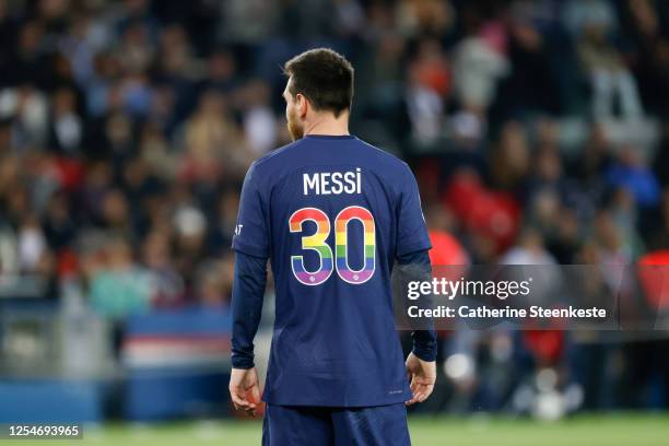 Lionel Messi of Paris Saint-Germain looks on during the Ligue 1 match between Paris Saint-Germain and AC Ajaccio at Parc des Princes on May 13, 2023...