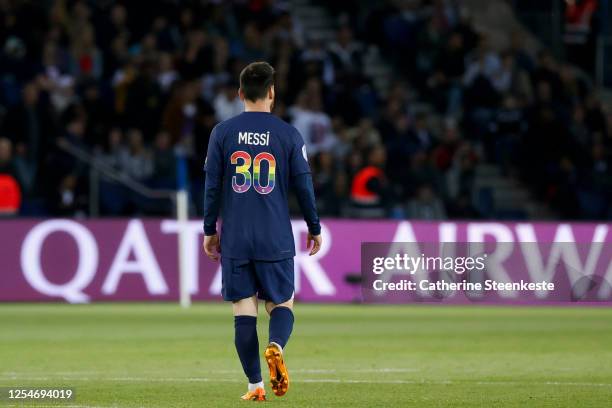 Lionel Messi of Paris Saint-Germain looks on during the Ligue 1 match between Paris Saint-Germain and AC Ajaccio at Parc des Princes on May 13, 2023...