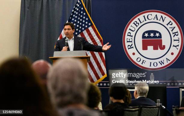 Florida Gov. Ron DeSantis speaks during an Iowa GOP reception on May 13, 2023 in Cedar Rapids, Iowa. Although he has not yet announced his candidacy,...