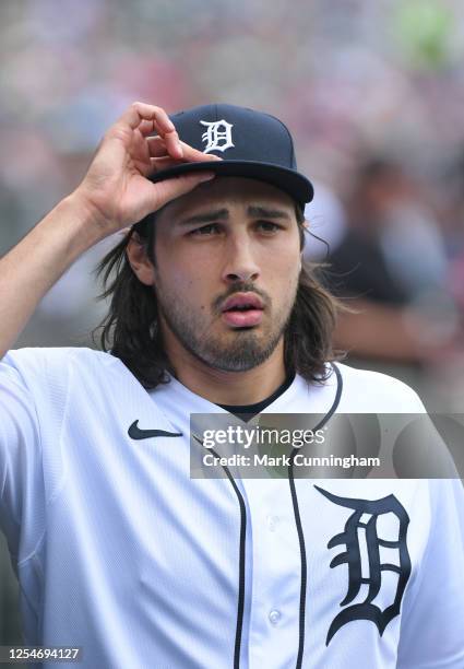 Alex Faedo of the Detroit Tigers looks on during the game against the Seattle Mariners at Comerica Park on May 13, 2023 in Detroit, Michigan. The...