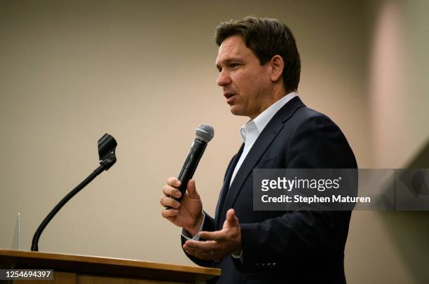 Florida Gov. Ron DeSantis speaks during an Iowa GOP reception on May 13, 2023 in Cedar Rapids, Iowa. Although he has not yet announced his candidacy,...