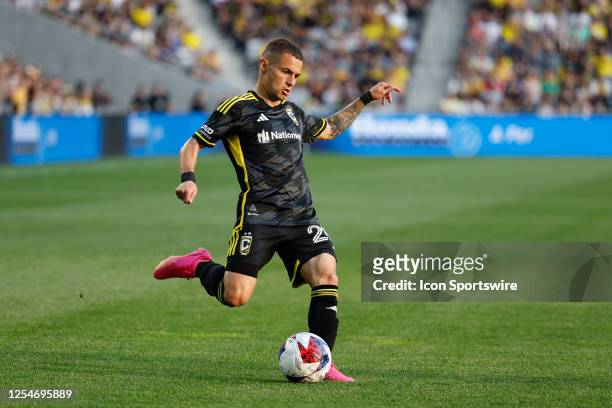 Columbus Crew midfielder Alexandru Maan crosses the ball into the box during the first half in a game against the Orlando City on May 13 at Lower.com...