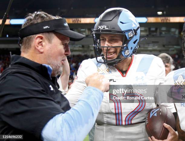 Bob Stoops head coach of the Arlington Renegades congratulated Luis Perez of the Arlington Renegades,quaterback who was awarded MVP after they...