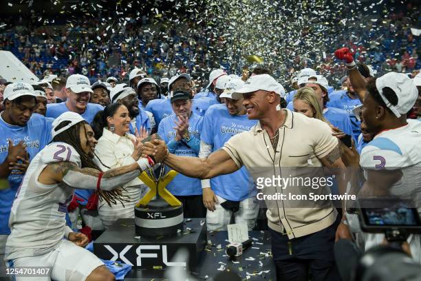 Owner Dwayne "The Rock" Johnson celebrates with the Championship winning Arlington Renegades after the inaugural XFL Championship between the D.C....