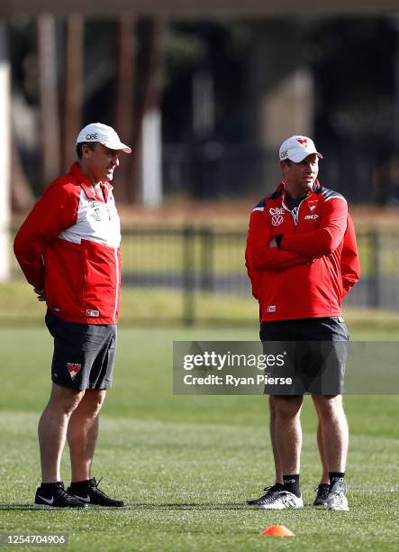 John Longmire, coach of the Swans, and Swans assistant coach Steve Johnson look on during a Sydney Swans AFL training session at Lakeside Oval on...