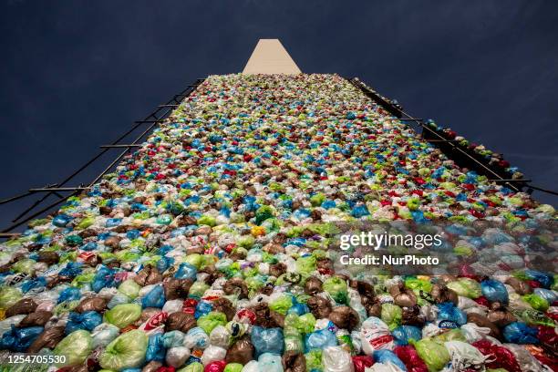 The Obelisk of Buenos Aires, Argentina is packed with plastic bags on May 13, 2023 for World Recycling Day, which is celebrated on May 17.