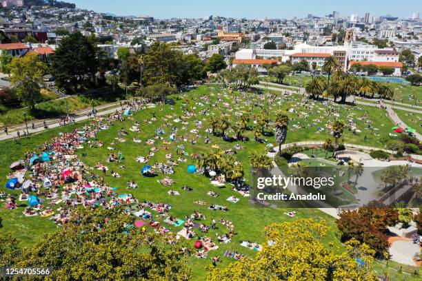 An aerial view of Dolores Park as San Franciscans enjoy warm weather in San Francisco, California, United States on May 13, 2023.