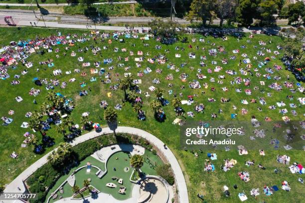 An aerial view of Dolores Park as San Franciscans enjoy warm weather in San Francisco, California, United States on May 13, 2023.