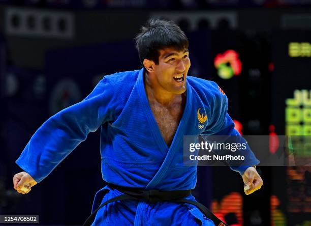 Alisher Yusupov of Uzbekistan reacts after winning against Kokoro Kageura of Japan during the men's +100kg bronze medal match of the World Judo...