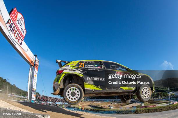 Oliver Solberg of Sweden and Elliott Edmondson of Great Britain compete in their Skoda Fabia RS during the SS16 Paredes on Day Four of the FIA World...