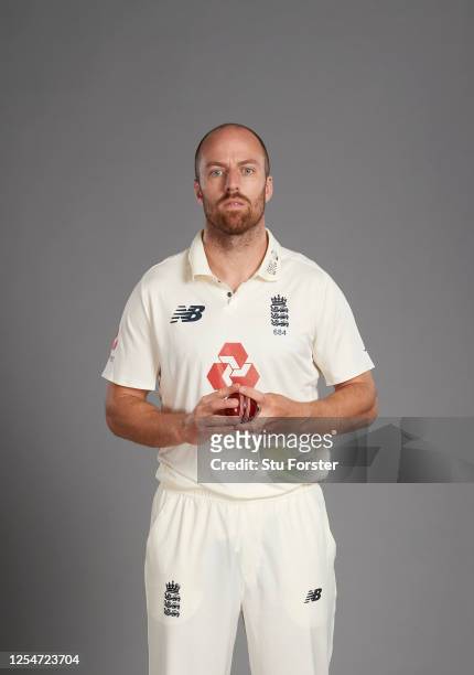 Jack Leach poses for a portrait during the England Test Squad Photo call at Ageas Bowl on July 05, 2020 in Southampton, England.
