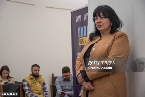 The mother of the fallen soldier, Halyna Vakhovska, speaks at the screening of the film "Everything's OK, Mom" about the mothers of the fallen...