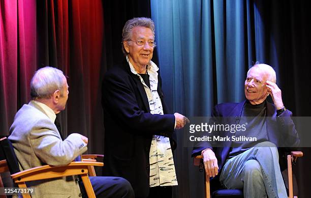 Former Warner Bros. Records President Joe Smith, musician Ray Manzarek of The Doors, and Elektra Records founder Jac Holzman attend An Evening With...