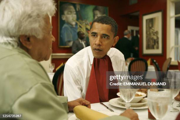Democratic presidential candidate Illinois Senator Barack Obama eats gumbo with restaurant owner Leah Chase during his visit at Dooky Chase...