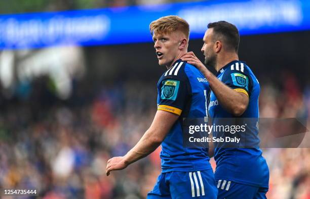 Dublin , Ireland - 13 May 2023; Tommy O'Brien, left, and Dave Kearney of Leinster during the United Rugby Championship Semi-Final match between...