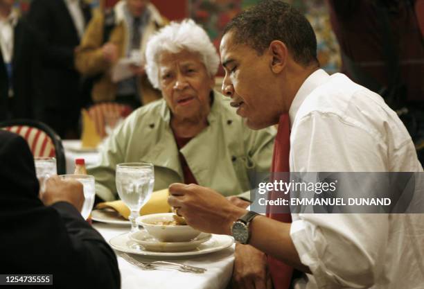Democratic presidential candidate Illinois Senator Barack Obama eats gumbo with restaurant owner Leah Chase during his visit at Dooky Chase...