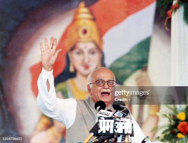 India's Home Minister Lal Krishna Advani speaks during the inauguration of the Golden Jubilee National Convention of the Bharatiya Janata Yuva Morcha...