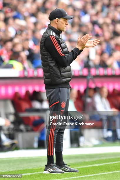 Head coach Thomas Tuchel of Bayern Muenchen during the Bundesliga match between FC Bayern Muenchen and FC Schalke 04 at Allianz Arena on May 13, 2023...