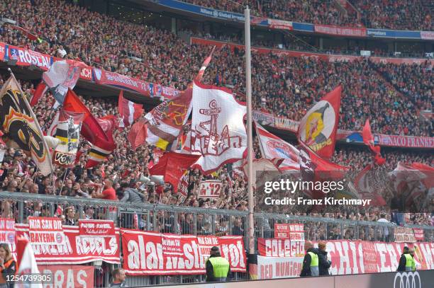 Fans of FC Bayern Muenchen during the Bundesliga match between FC Bayern Muenchen and FC Schalke 04 at Allianz Arena on May 13, 2023 in Munich,...