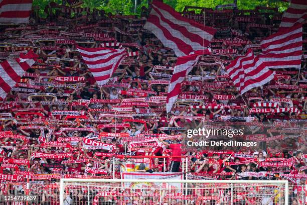 Union Berlin fans during the Bundesliga match between 1. FC Union Berlin and Sport-Club Freiburg at Stadion an der alten Försterei on May 13, 2023 in...