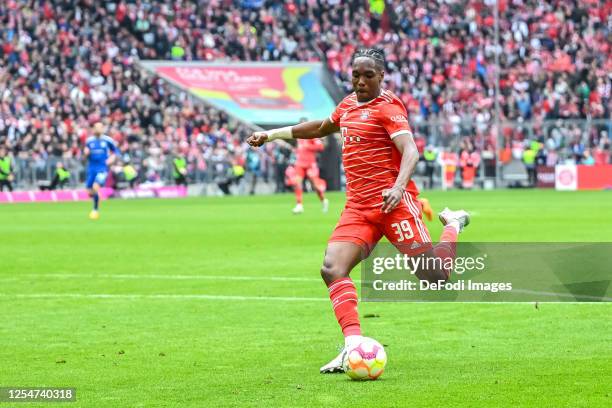 Mathys Tel of Bayern Muenchen controls the Ball during the Bundesliga match between FC Bayern München and FC Schalke 04 at Allianz Arena on May 13,...