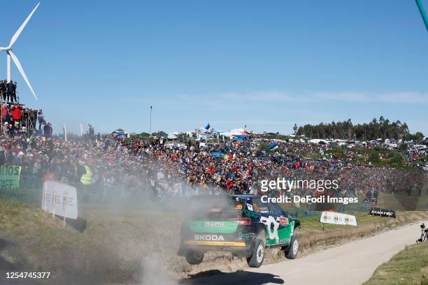 Gus Greensmith from Great Britain and Jonas Andersson from Sweden racing with Skoda Fabia RS jumps during Day Four of the FIA World Rally...
