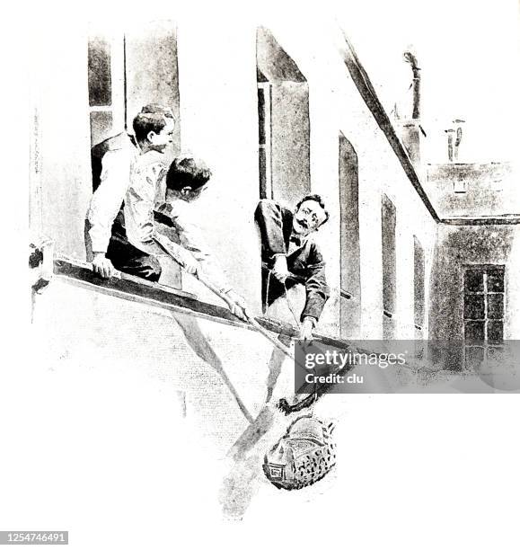 two students at the window play a prank on a teacher - misbehaving student stock illustrations